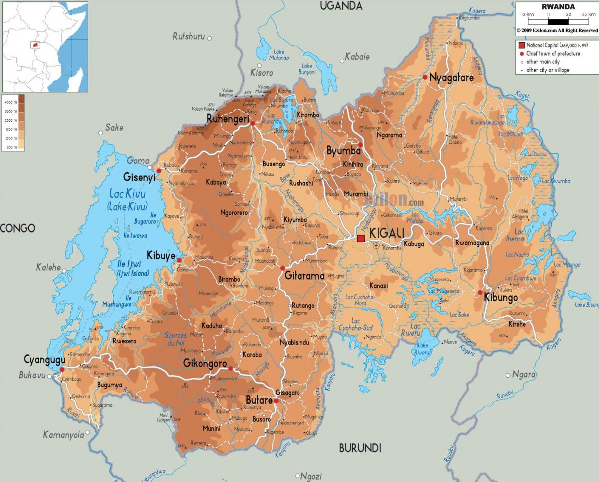 mapa ng pisikal na mapa ng Rwanda