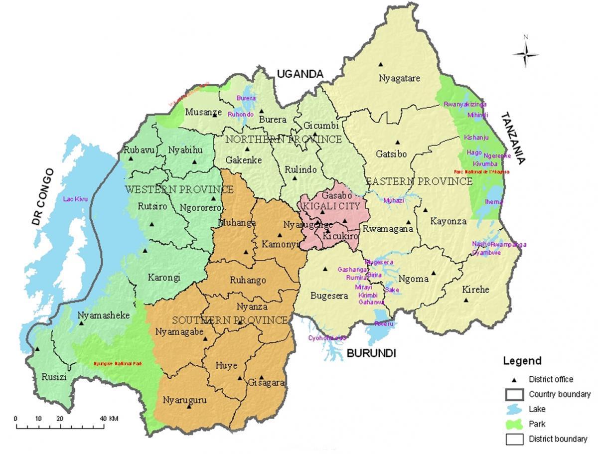 mapa ng Rwanda sa mga distrito at sektor
