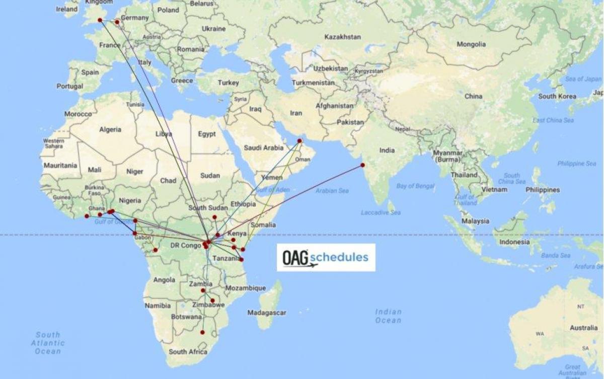 mapa ng ruta Rwandair